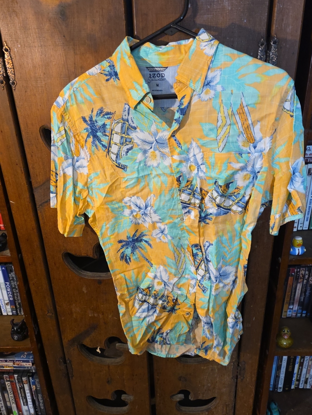 Izod Yellow Tropical Floral Button-Up Shirt with Blue Accents